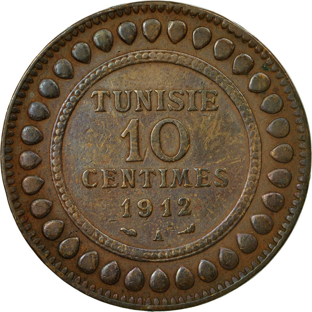 Moneda, Túnez, Muhammad al-Nasir Bey, 10 Centimes, 1912, Paris, BC+, Bronce