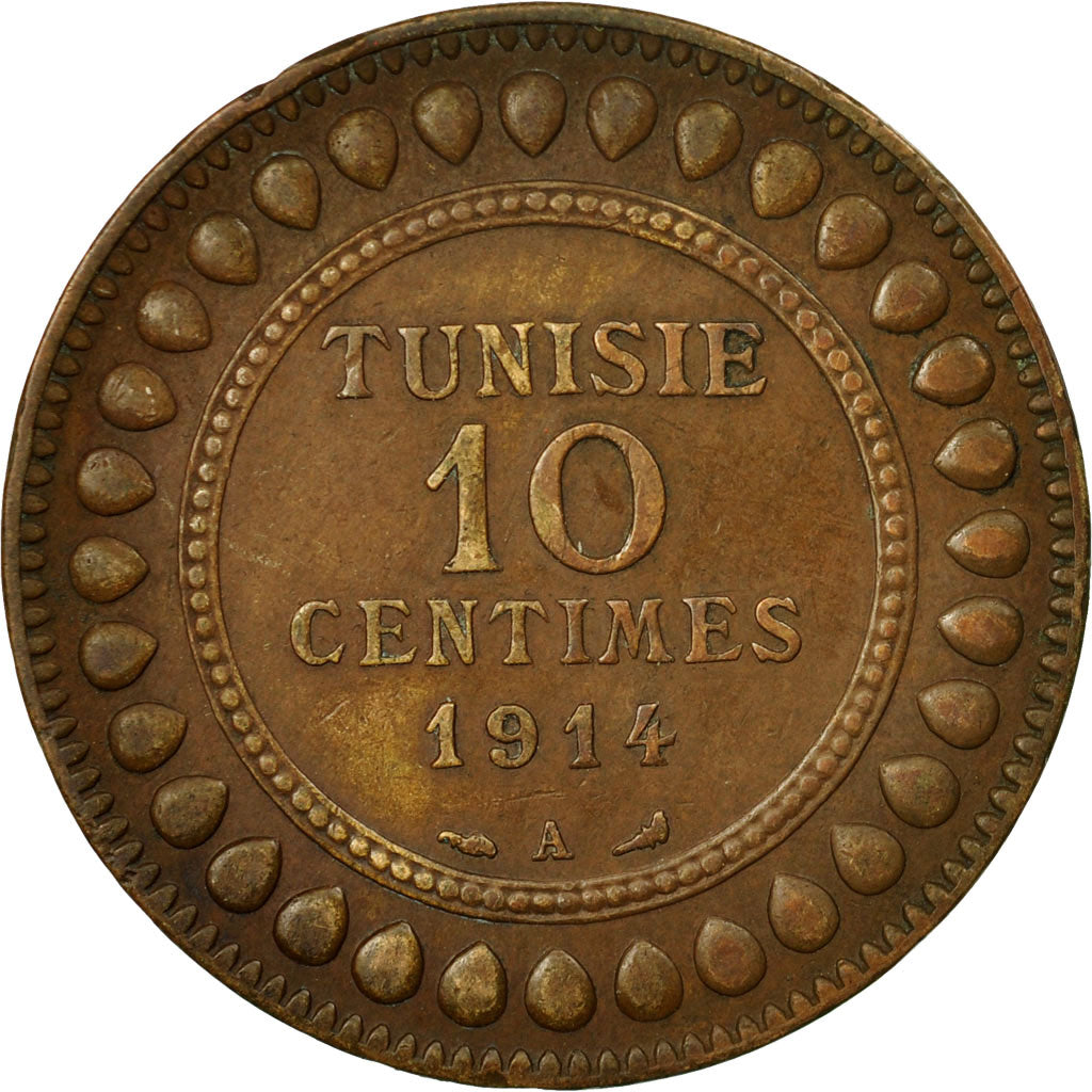 Moneta, Tunisia, Muhammad al-Nasir Bey, 10 Centimes, 1914, Paris, MB+, Bronzo