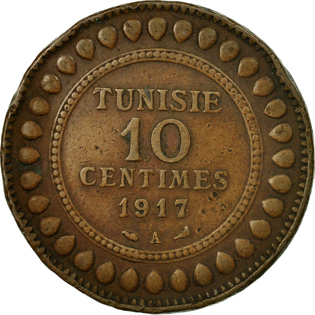 Coin, Tunisia, Muhammad al-Nasir Bey, 10 Centimes, 1917, Paris, VF(30-35)