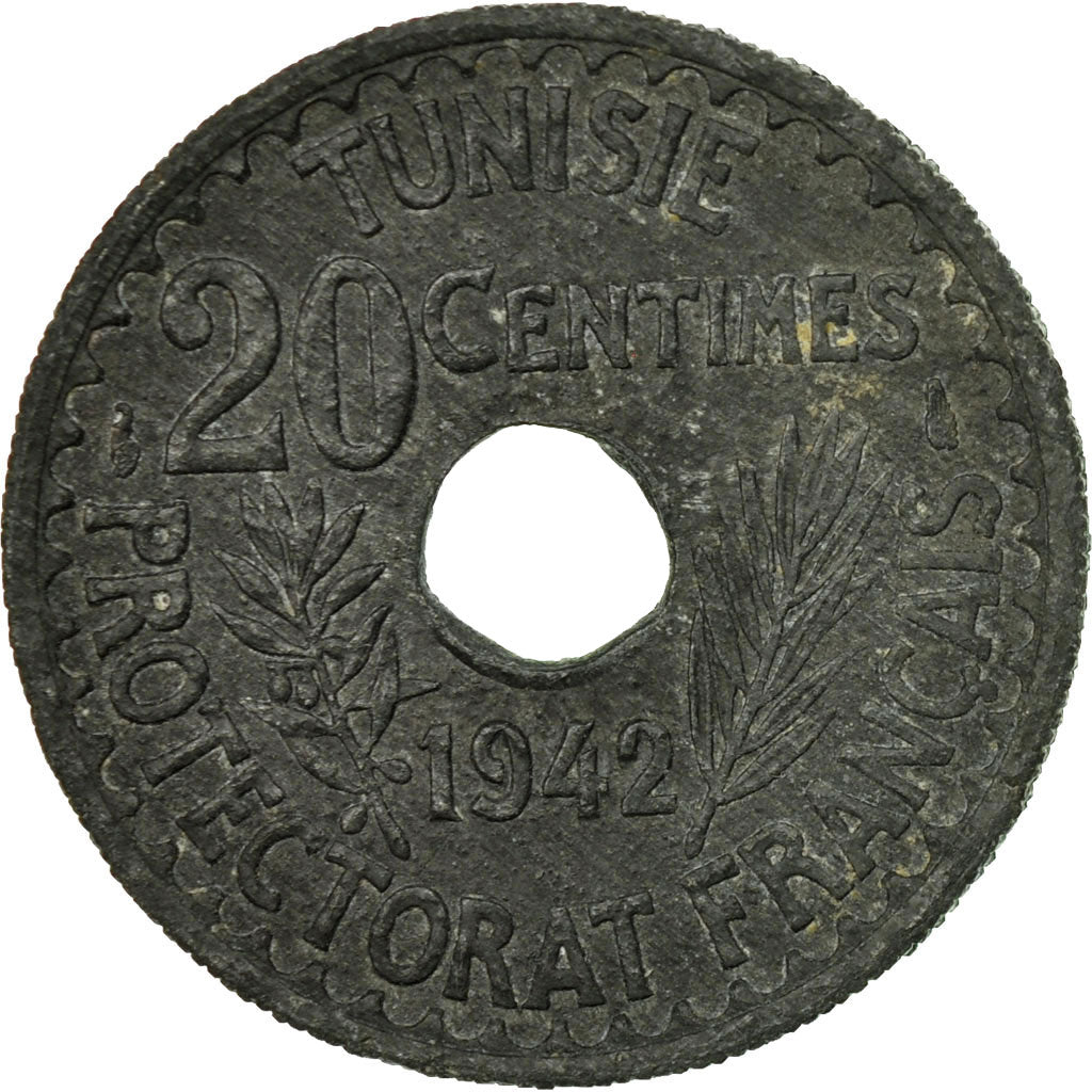 Moneta, Tunisia, Ahmad Pasha Bey, 20 Centimes, 1942, Paris, MB, Zinco, KM:268