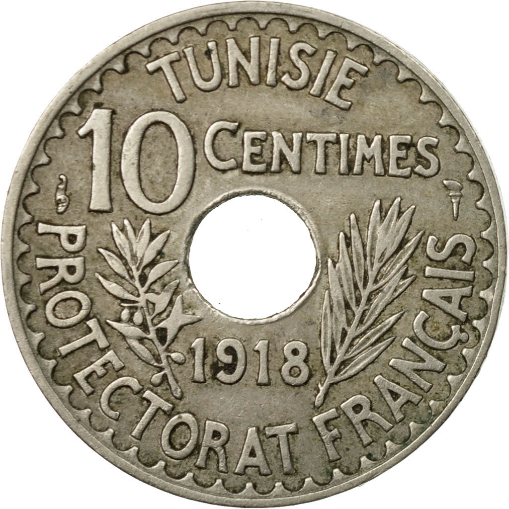 Moneta, Tunisia, Muhammad al-Nasir Bey, 10 Centimes, 1918, Paris, MB+