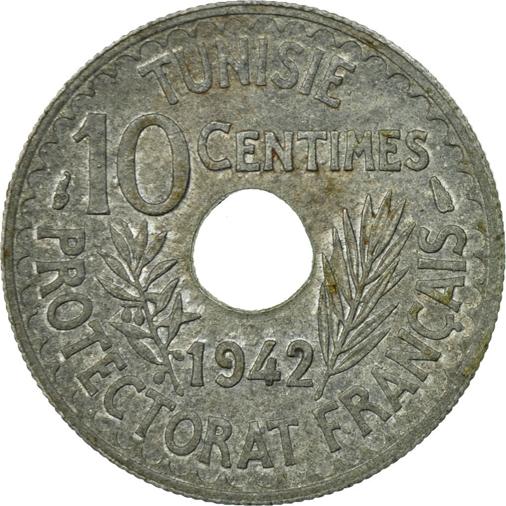 Monnaie, Tunisie, Ahmad Pasha Bey, 10 Centimes, 1942, Paris, TB+, Zinc, KM:267