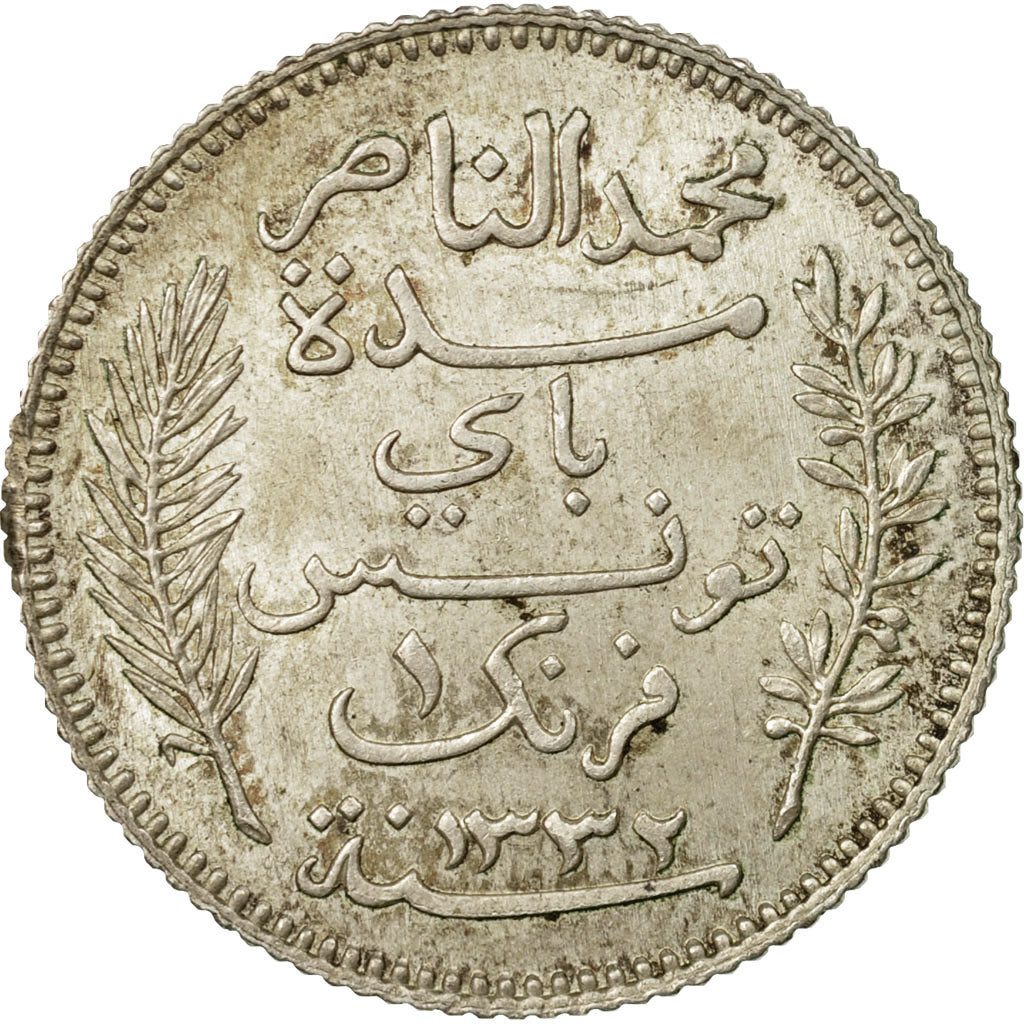 Moneta, Tunisia, Muhammad al-Nasir Bey, Franc, 1914, Paris, MB+, Argento, KM:238