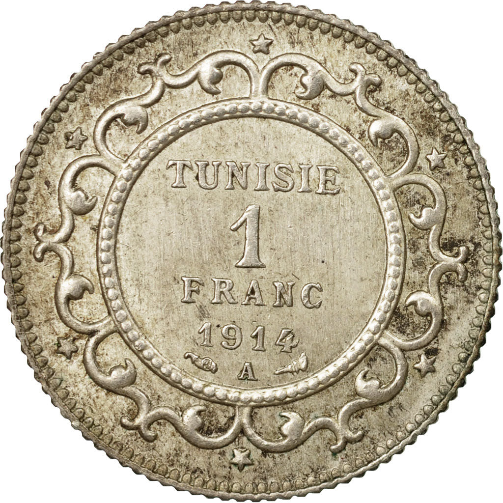 Moneta, Tunisia, Muhammad al-Nasir Bey, Franc, 1914, Paris, MB+, Argento, KM:238