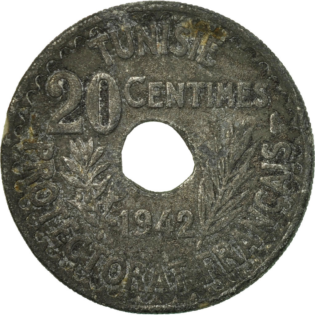Monnaie, Tunisie, Ahmad Pasha Bey, 20 Centimes, 1942, Paris, TB+, Zinc, KM:268
