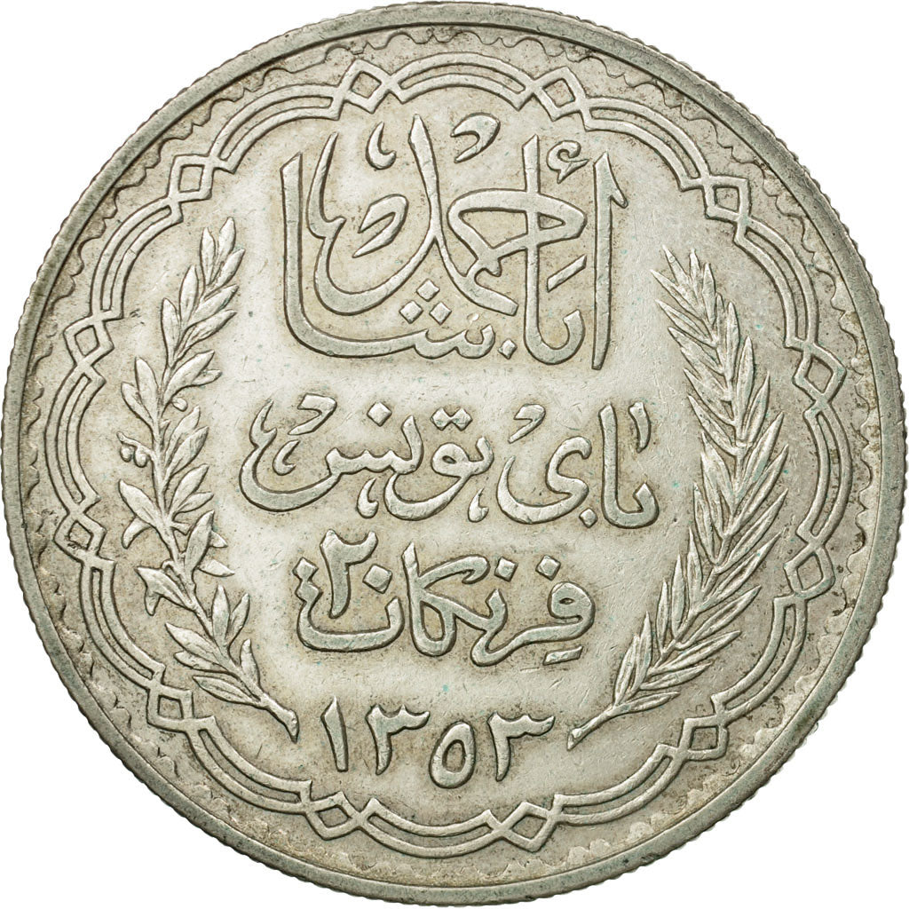 Munten, Tunisië, Ahmad Pasha Bey, 20 Francs, 1934, Paris, ZF, Zilver, KM:263