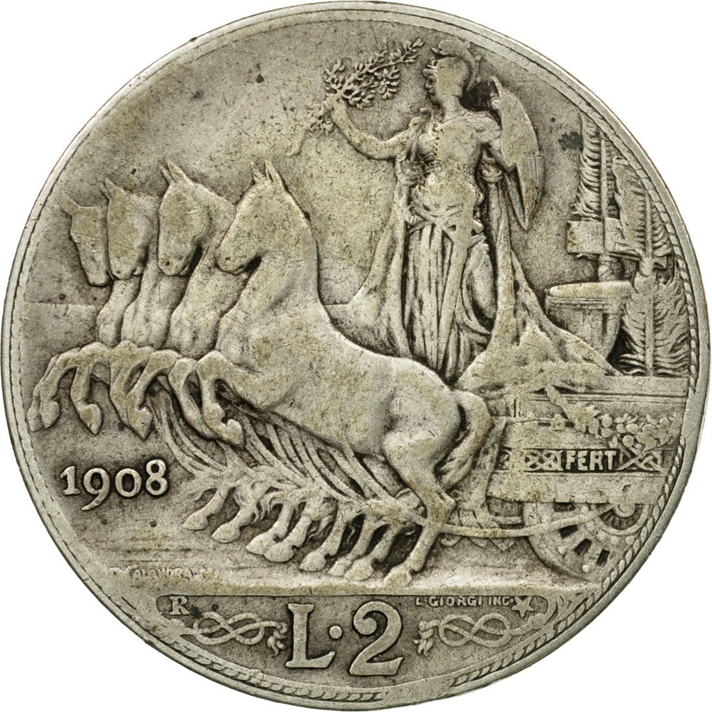 Moneta, Italia, Vittorio Emanuele III, 2 Lire, 1908, Rome, MB+, Argento, KM:46