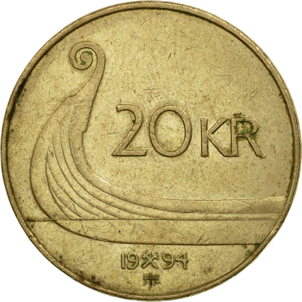 Moneda, Noruega, Harald V, 20 Kroner, 1994, BC+, Níquel - latón, KM:453