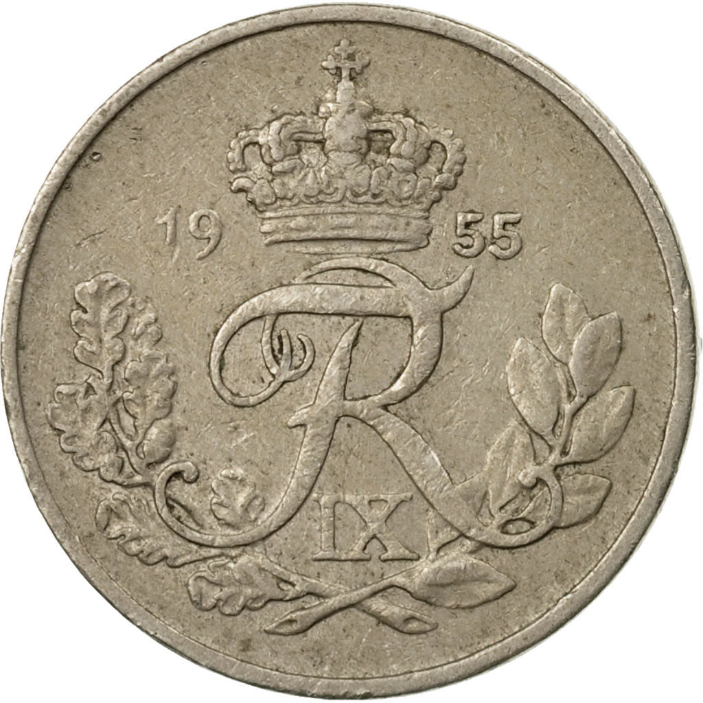 Moneda, Dinamarca, Frederik IX, 10 Öre, 1955, Copenhagen, BC+, Cobre - níquel