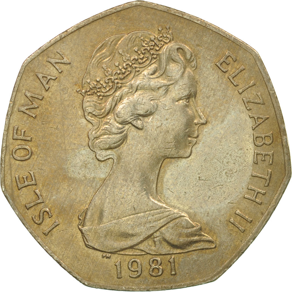 Moneda, Isla de Man, Elizabeth II, 50 Pence, 1981, BC+, Cobre - níquel, KM:84