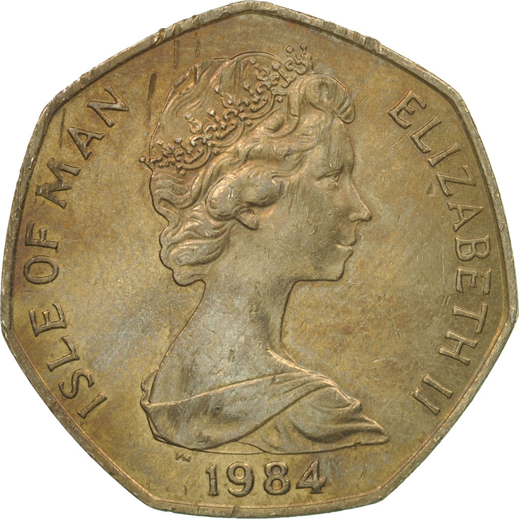 Moneda, Isla de Man, Elizabeth II, 50 Pence, 1984, BC+, Cobre - níquel, KM:126