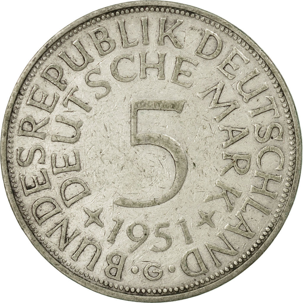 Moneta, GERMANIA - REPUBBLICA FEDERALE, 5 Mark, 1951, Karlsruhe, MB, Argento