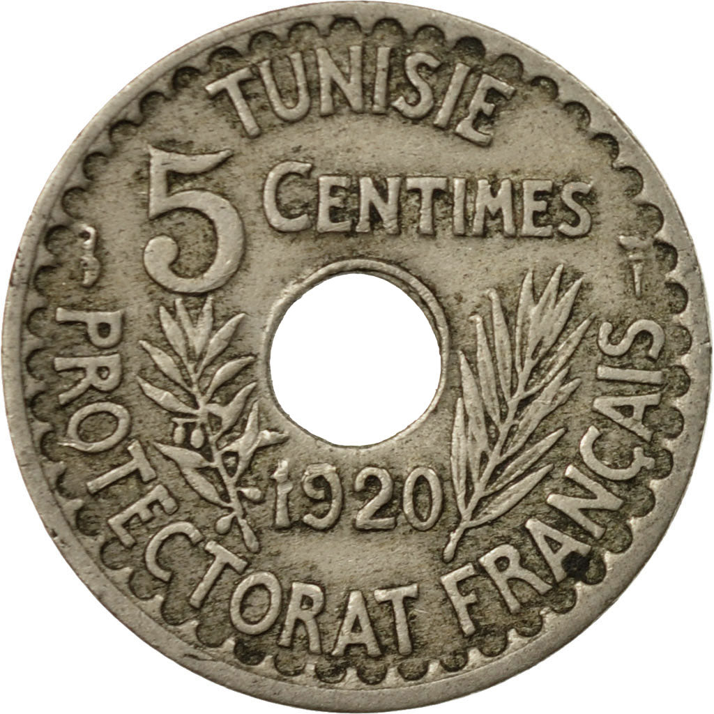 Moneta, Tunisia, Muhammad al-Nasir Bey, 5 Centimes, 1920, Paris, MB+