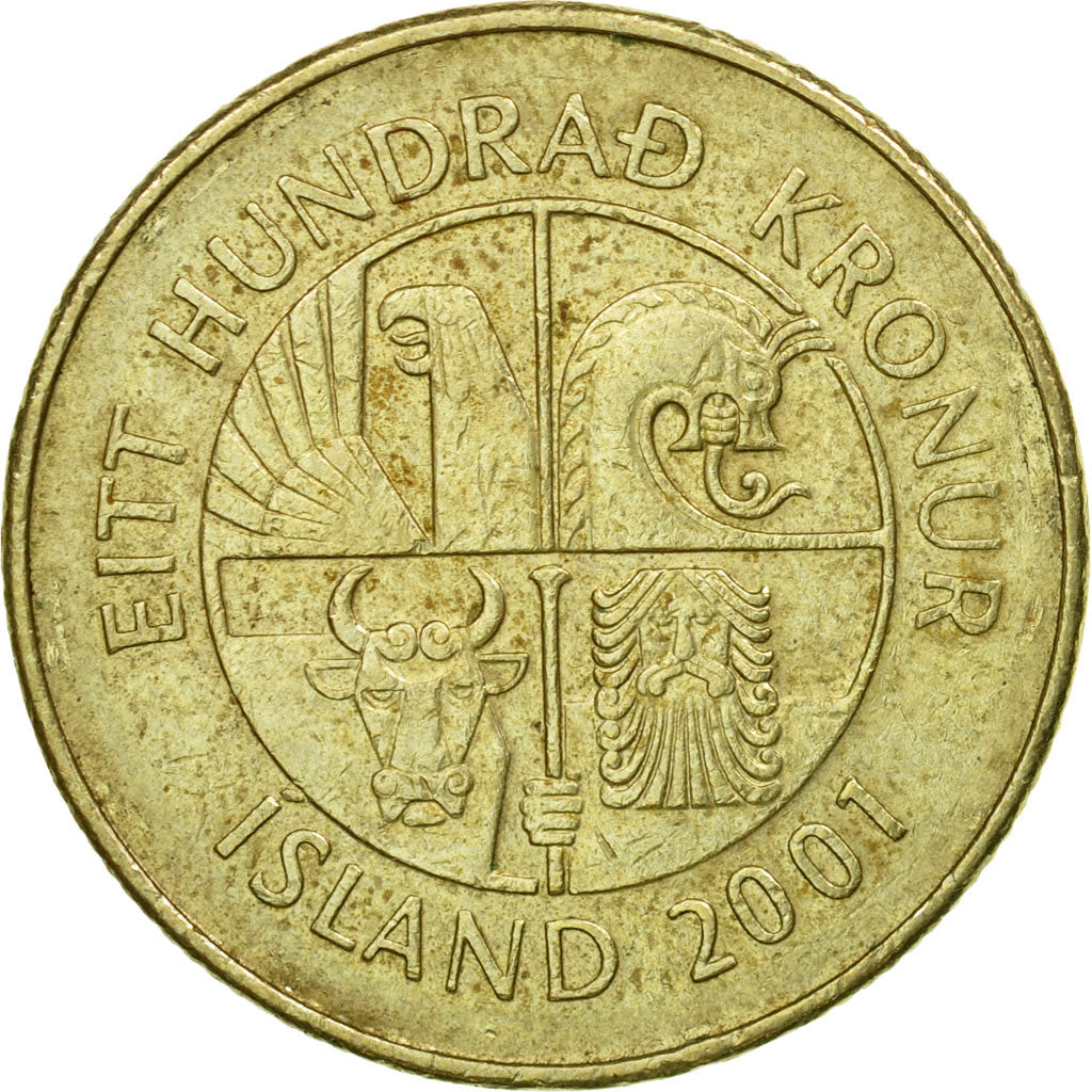 Moneta, Islanda, 100 Kronur, 2001, MB+, Nichel-ottone, KM:35
