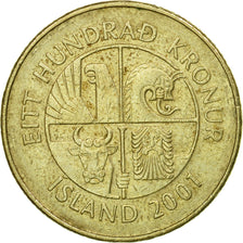 Moneta, Islanda, 100 Kronur, 2001, MB+, Nichel-ottone, KM:35