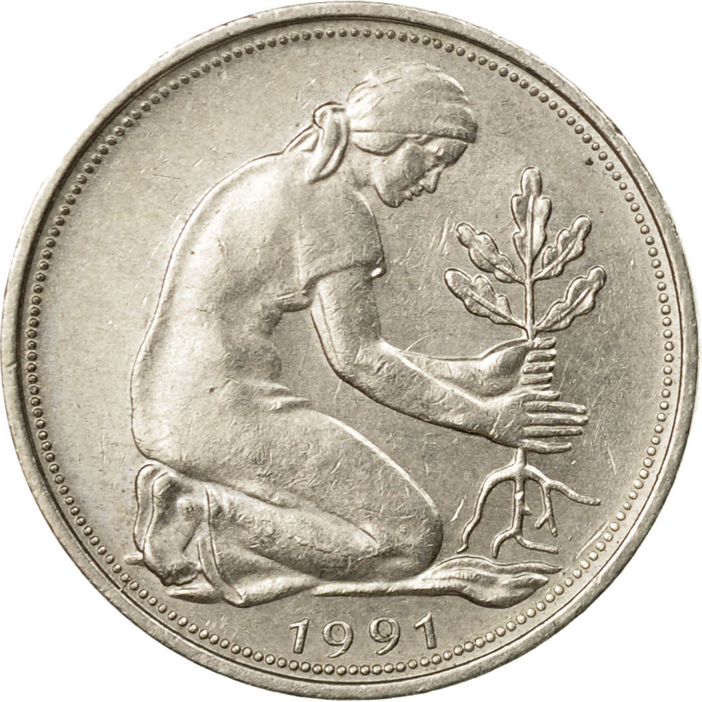 Coin, GERMANY - FEDERAL REPUBLIC, 50 Pfennig, 1991, Karlsruhe, EF(40-45)