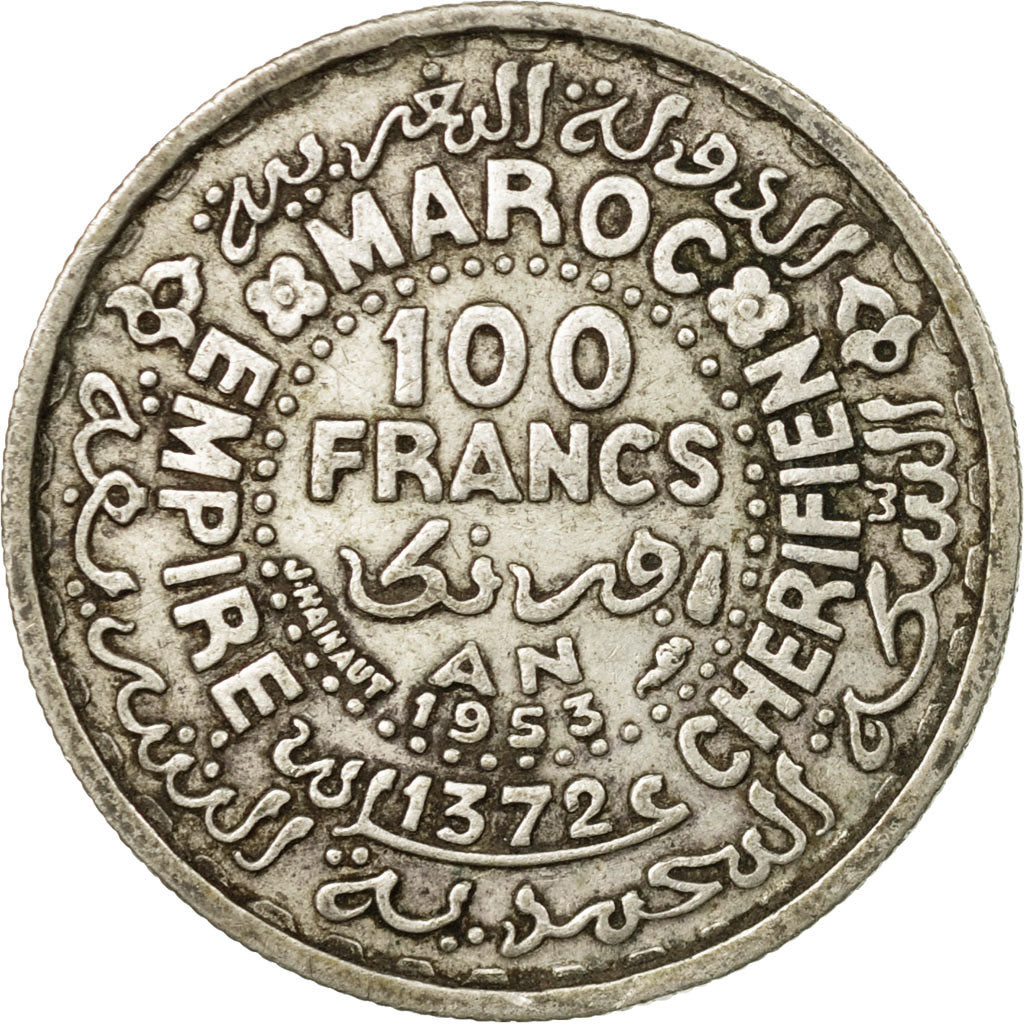 Coin, Morocco, Mohammed V, 100 Francs, 1953, Paris, VF(30-35), Silver, KM:52