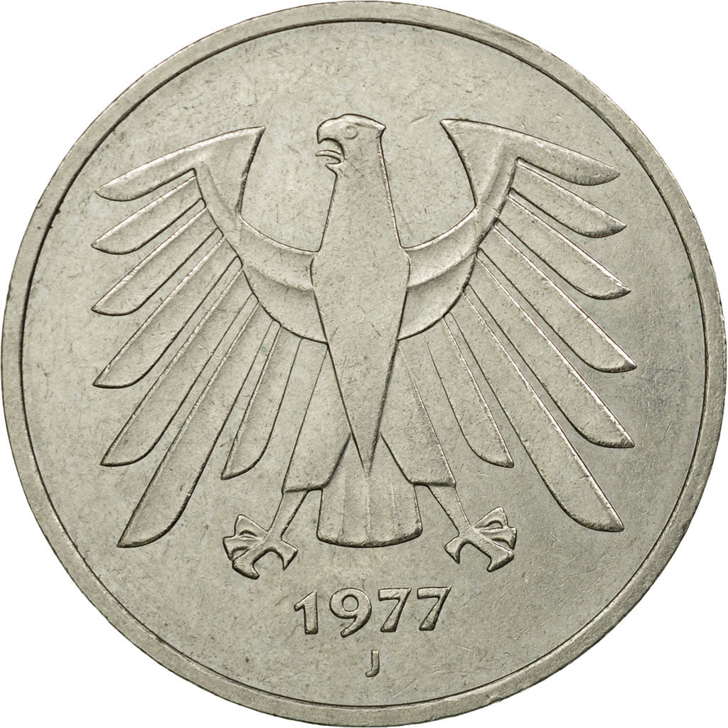 Moneta, GERMANIA - REPUBBLICA FEDERALE, 5 Mark, 1977, Hamburg, BB, Nichel