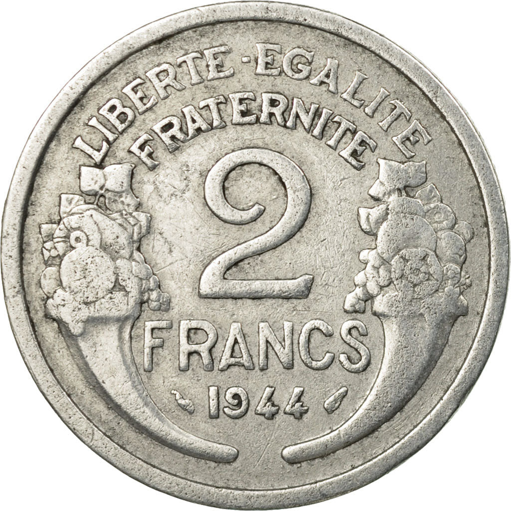 Moneda, Francia, Morlon, 2 Francs, 1944, Paris, BC+, Aluminio, KM:886a.1
