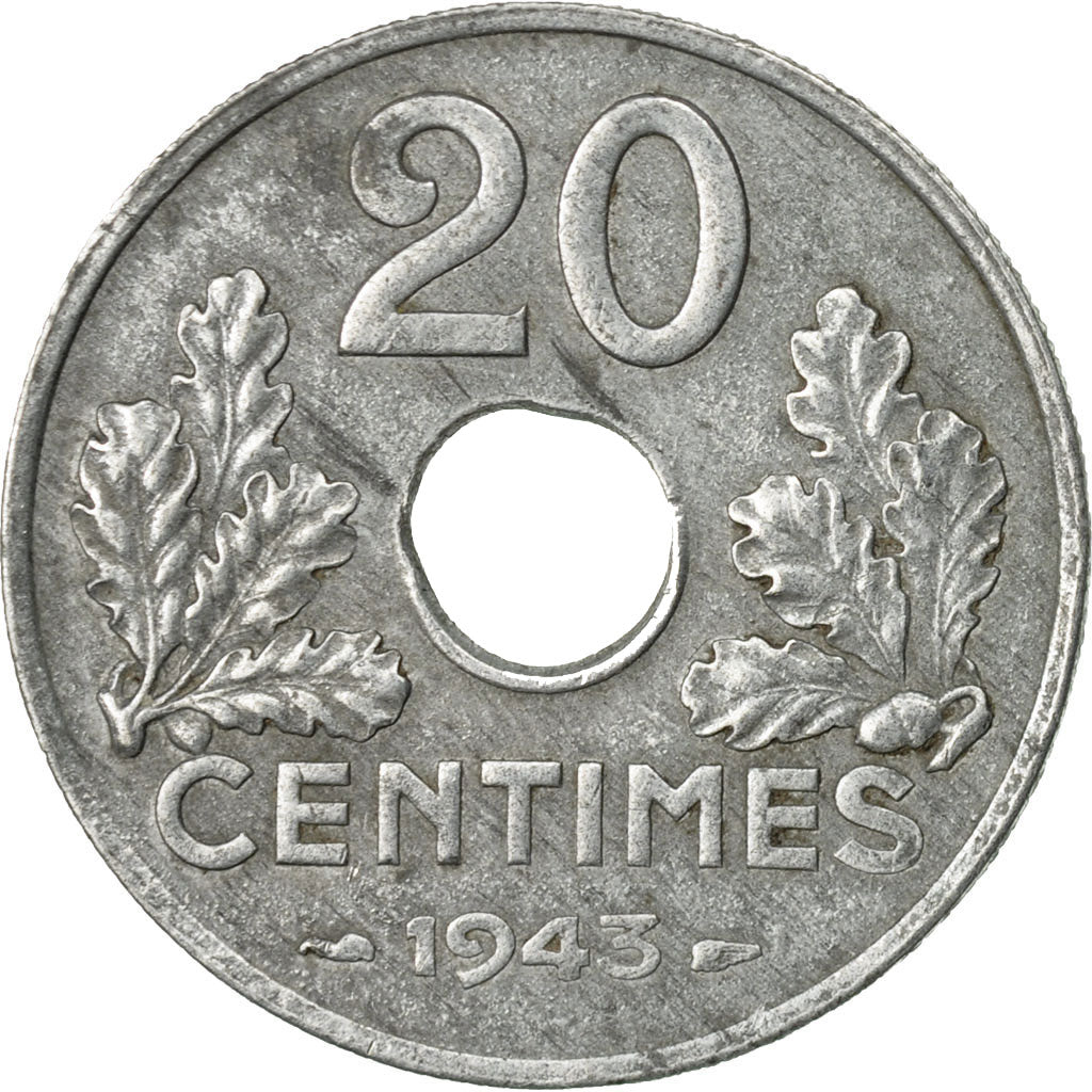 Moneta, Francja, État français, 20 Centimes, 1943, Paris, VF(30-35), Cynk