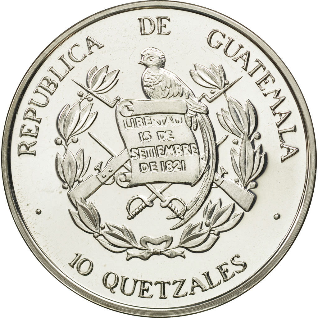 Guatemala, 10 Quetzales, 1995, Tower, SC, Plata, KM:2.2