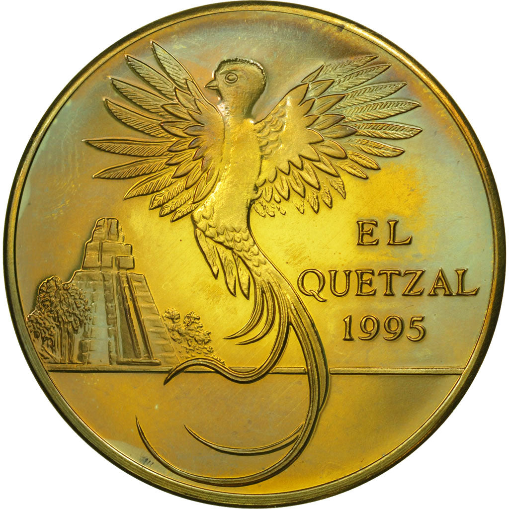 Coin, Guatemala, 10 Quetzales, 1995, Tower, MS(63), Brass, KM:2a.2
