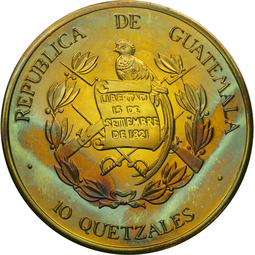 Coin, Guatemala, 10 Quetzales, 1995, Tower, MS(63), Brass, KM:2a.2