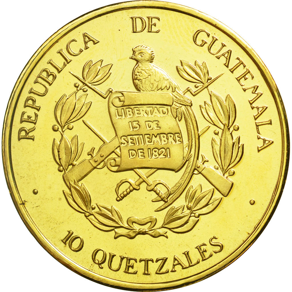 Moneda, Guatemala, 10 Quetzales, 1995, Tower, SC, Gilt Alloy, KM:2b.2