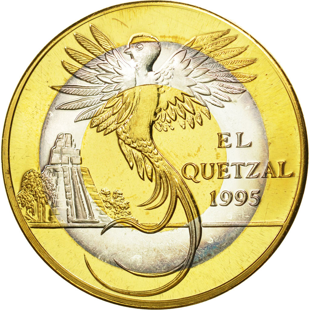Coin, Guatemala, 10 Quetzales, 1995, Tower, MS(63), Tri-Metallic, KM:2c.2