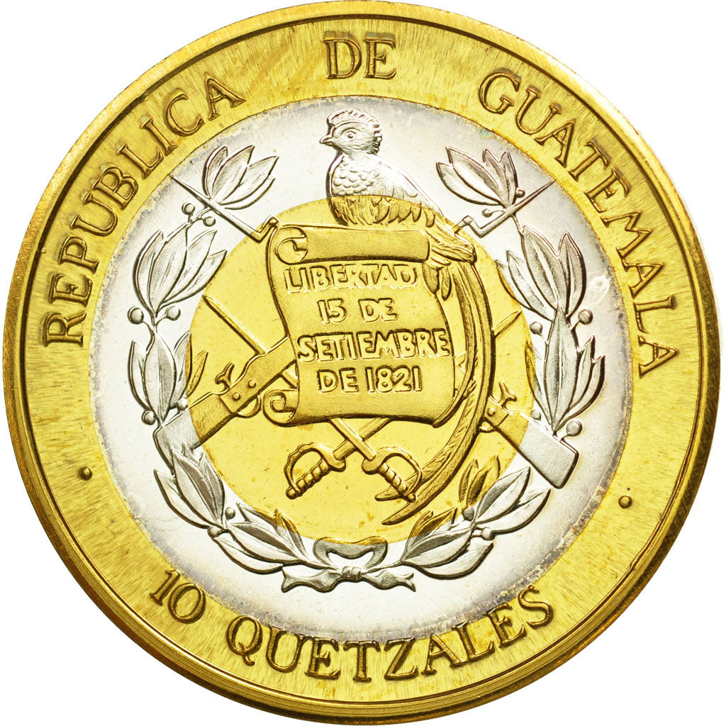 Coin, Guatemala, 10 Quetzales, 1995, Tower, MS(63), Tri-Metallic, KM:2c.2