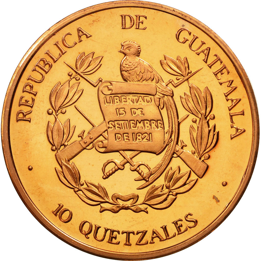 Coin, Guatemala, 10 Quetzales, 1995, Tower, MS(63), Copper, KM:2e.2