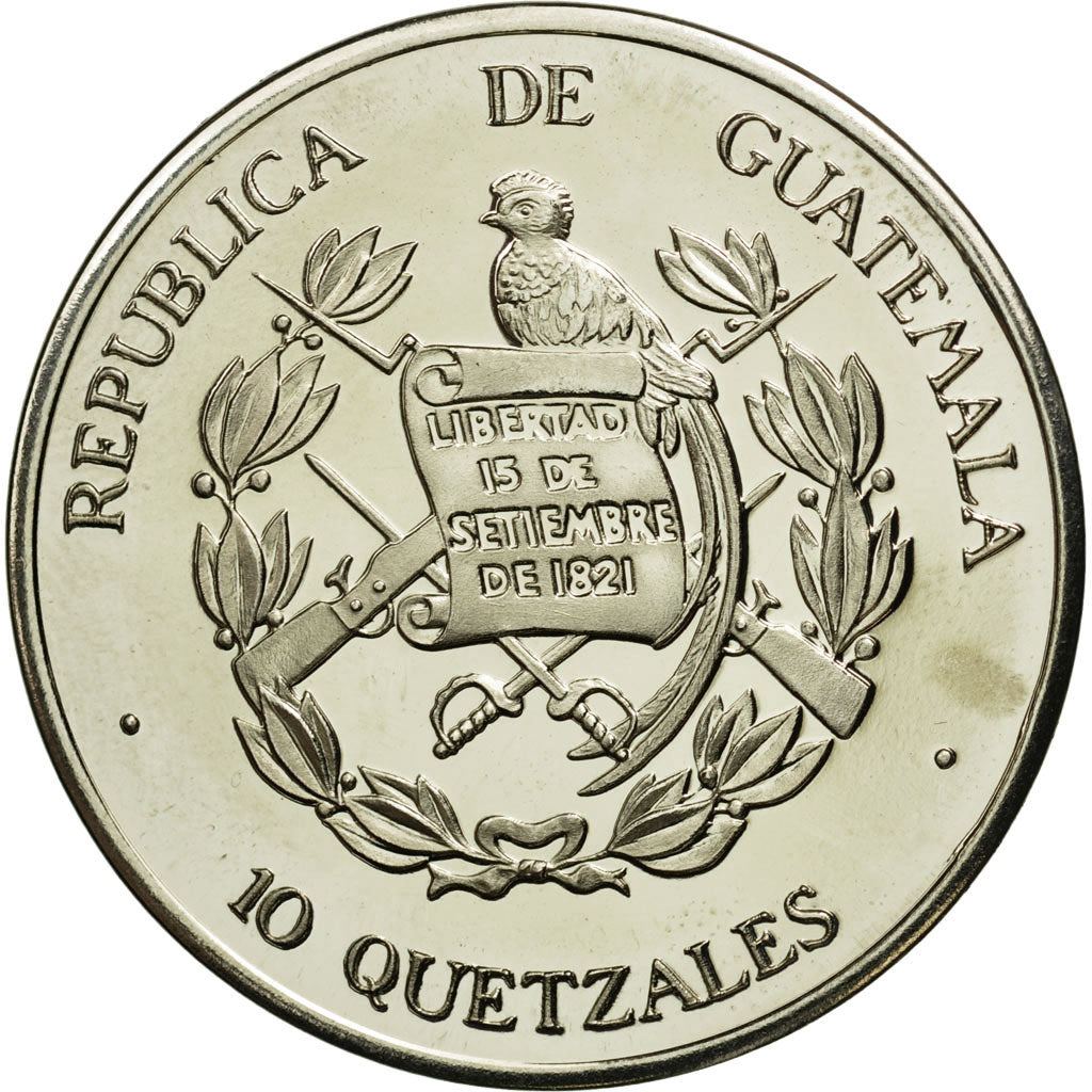 Coin, Guatemala, 10 Quetzales, 1995, Tower, MS(63), Copper-nickel, KM:2f.2