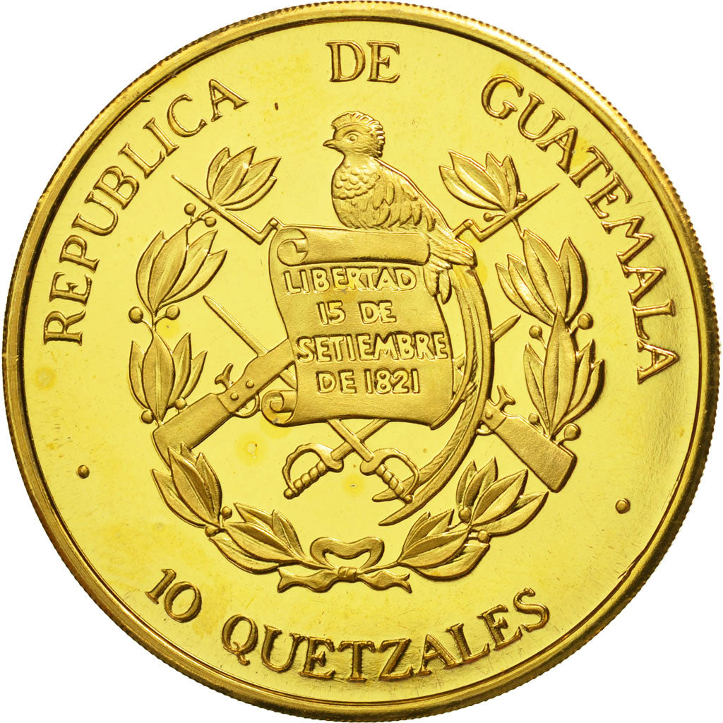 Coin, Guatemala, 10 Quetzales, 1995, Tower, MS(63), Gilt Alloy, KM:2b.1