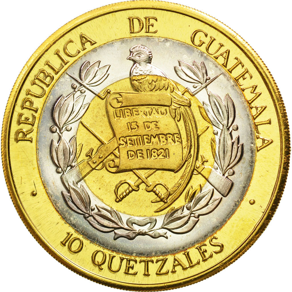 Coin, Guatemala, 10 Quetzales, 1995, Tower, MS(63), Tri-Metallic, KM:2c.1