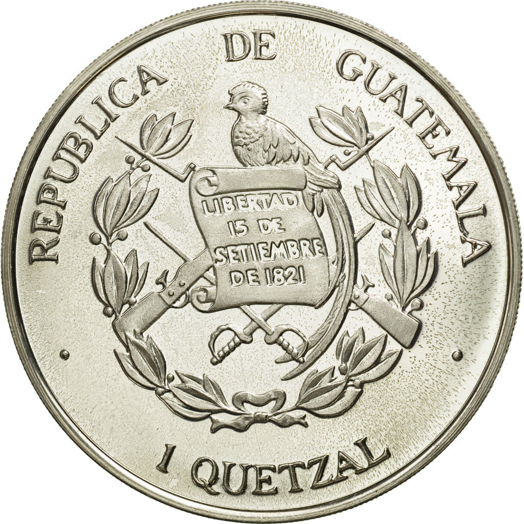 Moneta, Guatemala, Quetzal, 1995, Tower, MS(63), Srebro, KM:1.1