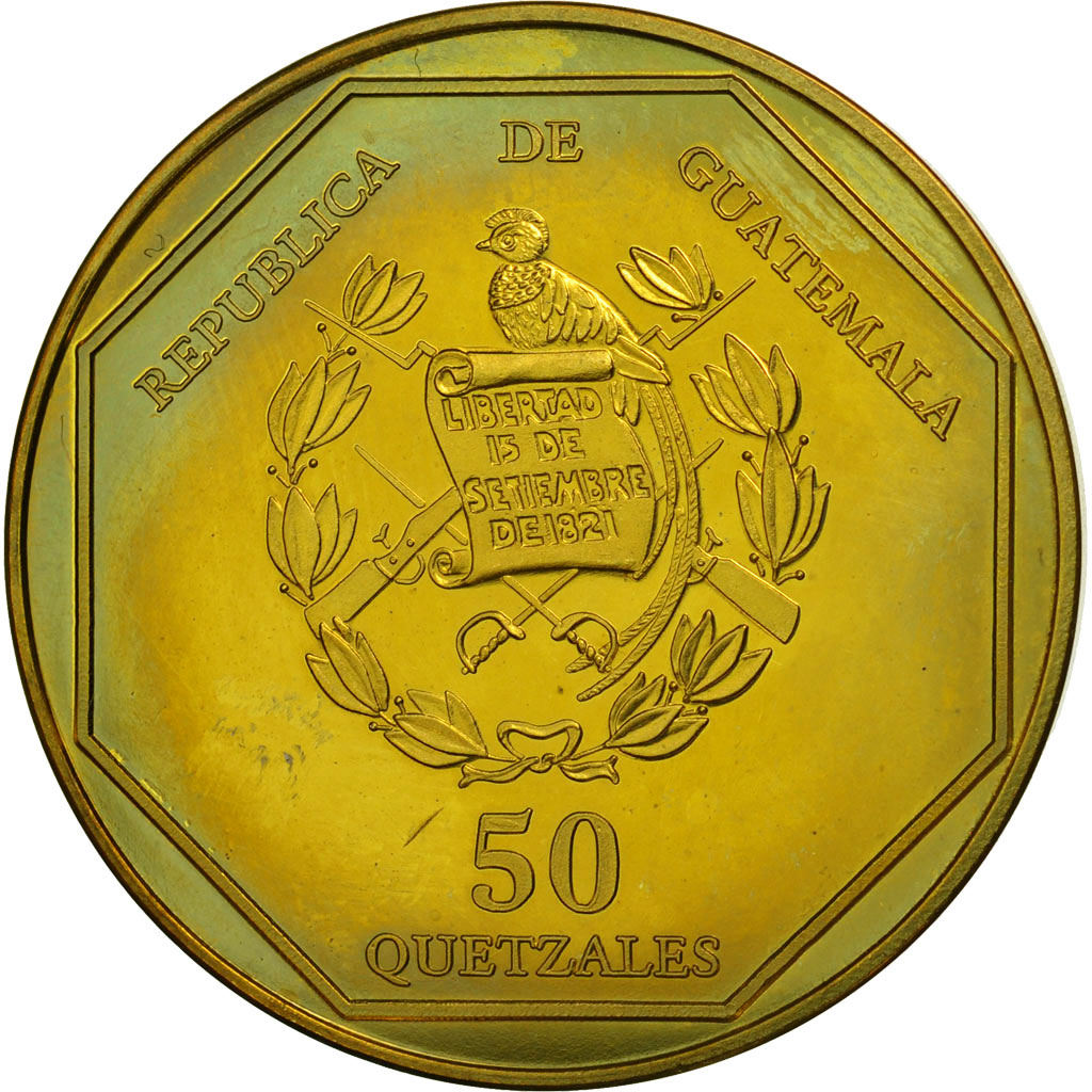 Moneta, Guatemala, 50 Quetzales, 1995, Tower, MS(63), Mosiądz, KM:3a.2
