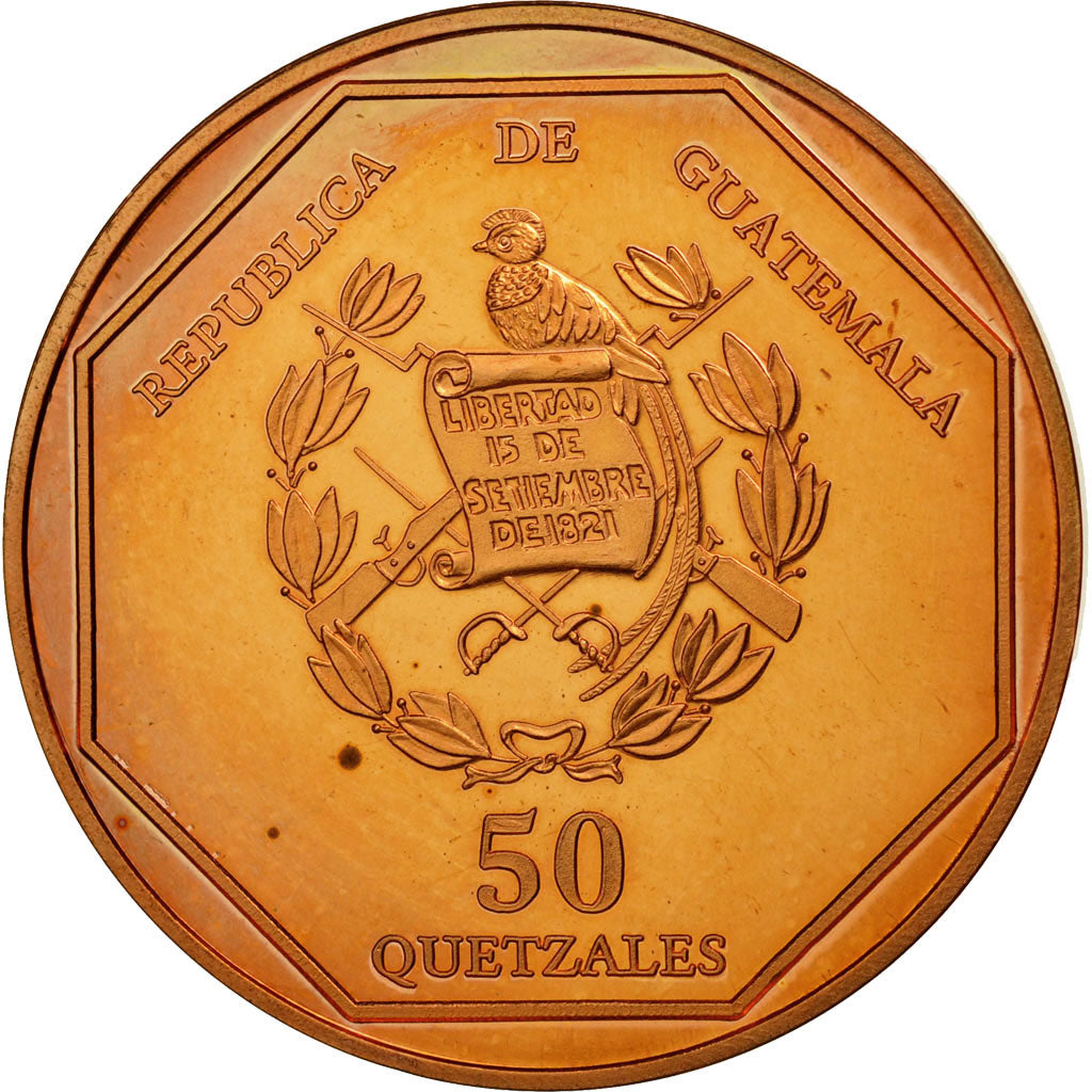 Coin, Guatemala, 50 Quetzales, 1995, Tower, MS(63), Copper, KM:3e.2