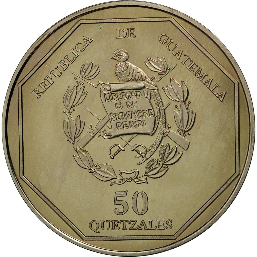 Coin, Guatemala, 50 Quetzales, 1995, Tower, MS(63), Copper-nickel, KM:3f.2