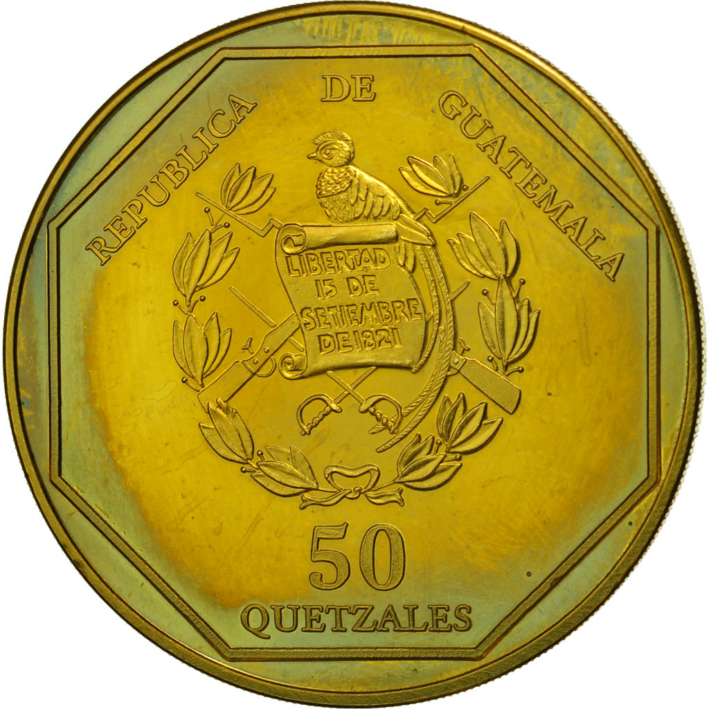 Coin, Guatemala, 50 Quetzales, 1995, Tower, MS(63), Brass, KM:3a.1