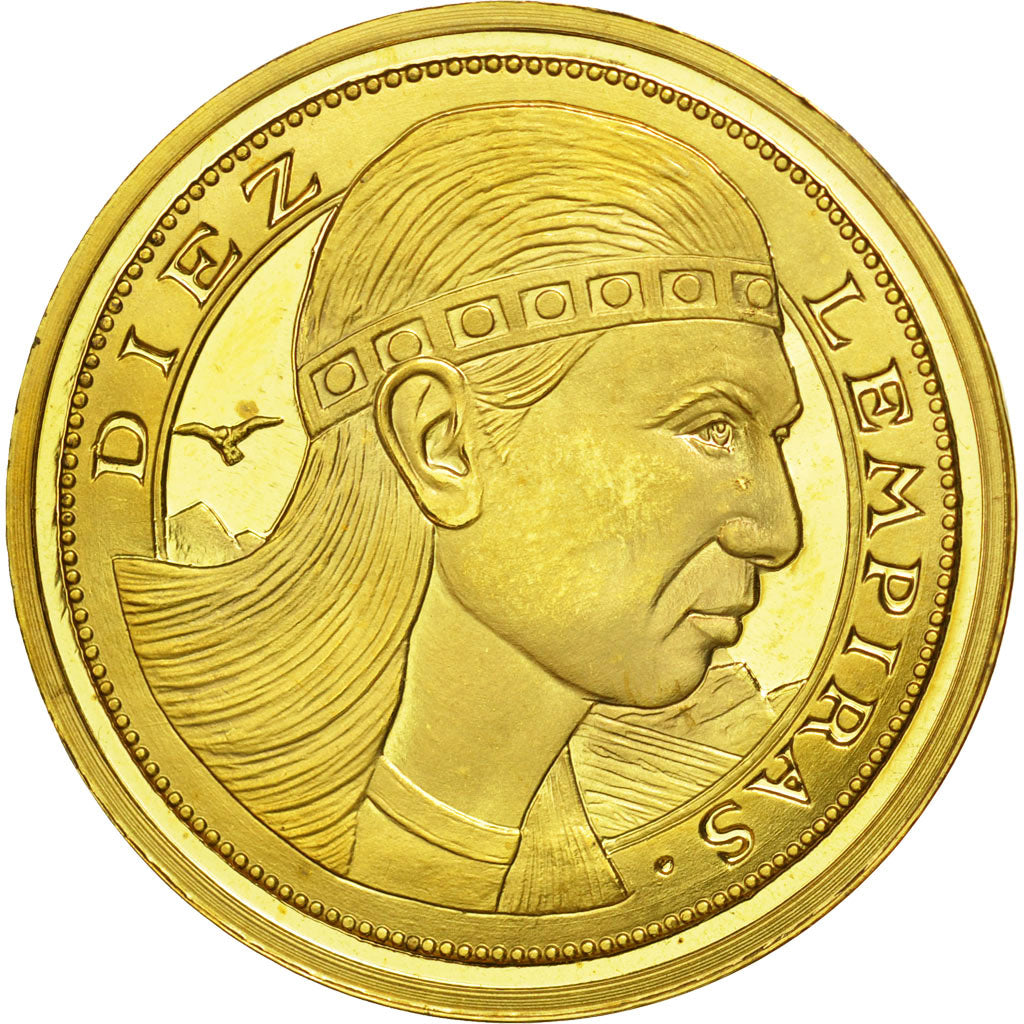 Coin, Honduras, 10 Lempiras, 1995, Tower, MS(63), Gilt Alloy, KM:1b.2