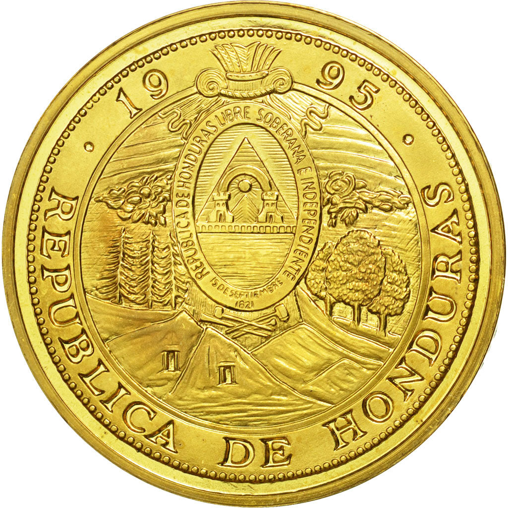 Coin, Honduras, 10 Lempiras, 1995, Tower, MS(63), Gilt Alloy, KM:1b.2