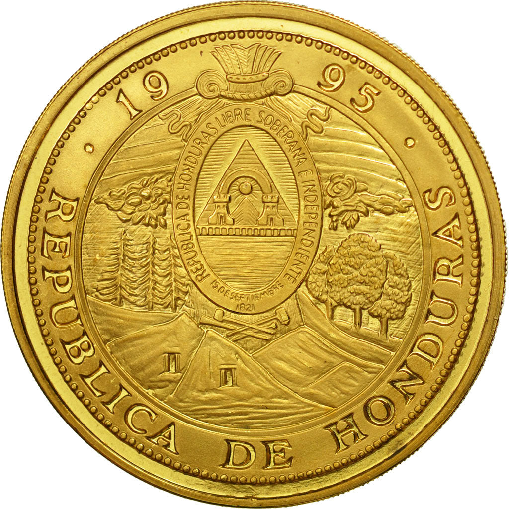 Moneda, Honduras, 10 Lempiras, 1995, Tower, SC, Gilt Alloy, KM:1b.1