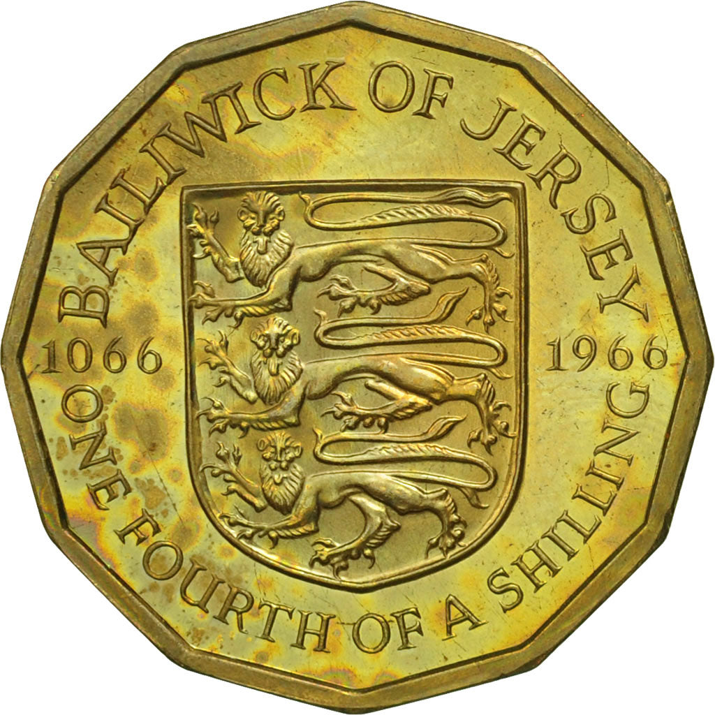 Coin, Jersey, Elizabeth II, 1/4 Shilling, 3 Pence, 1966, MS(63), Nickel-brass