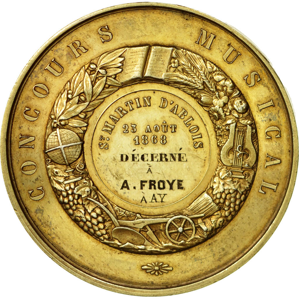 France, Medal, Napoleon III , Concours Musical, 1868, Bescher, SUP, Vermeil