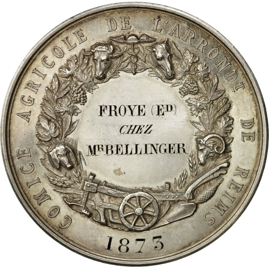 France, Medal, Olivier de Serres Seigneur du Pradel , Reims, 1873, Oudiné, SUP