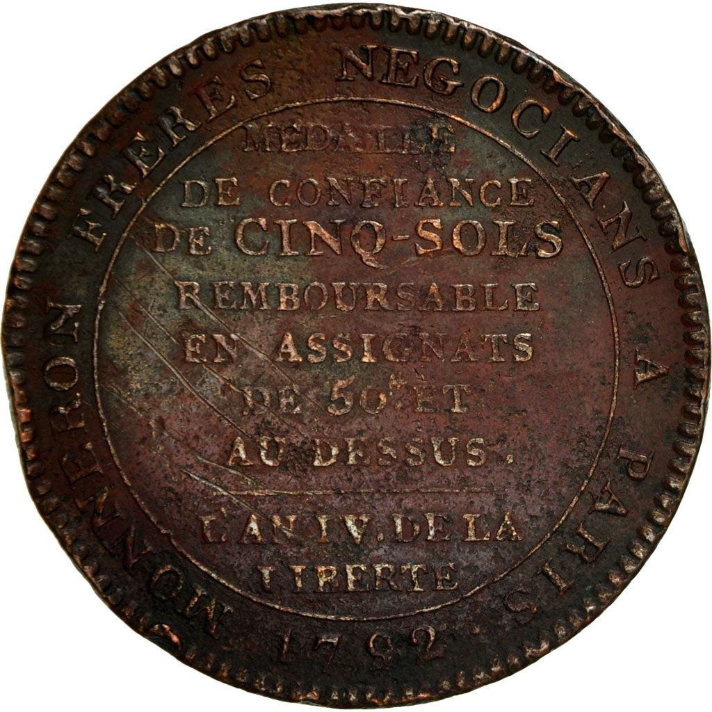 France, Monneron, 5 Sols, 1790, Paris, TB+, Bronze