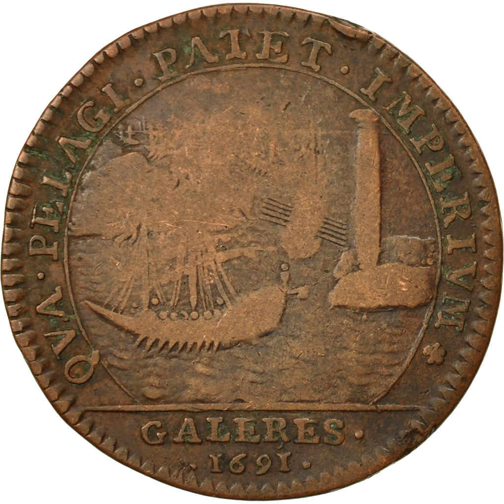 Francia, Token, Galères Royales, Louis XIV, 1691, BC+, Cobre, Feuardent:1422