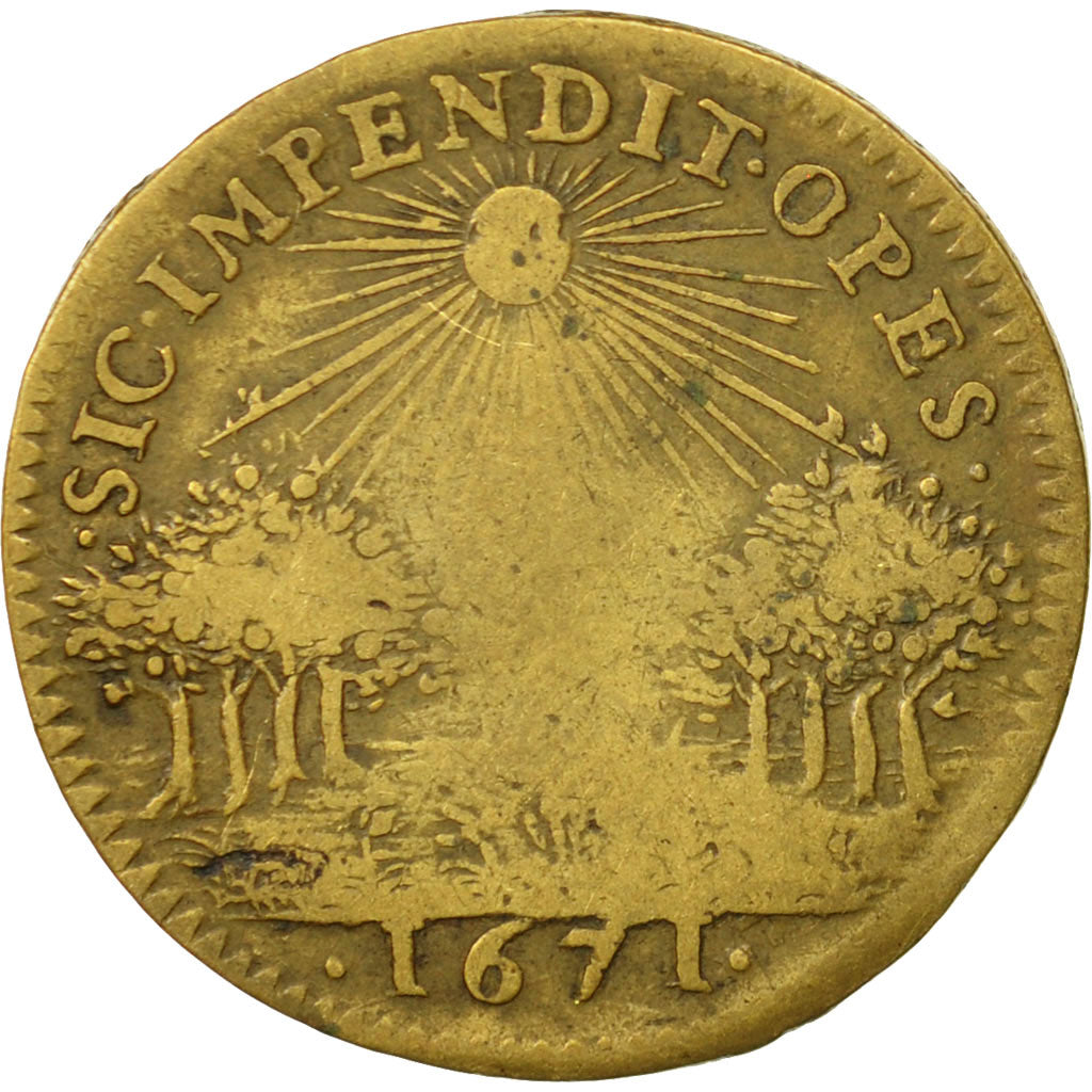 France, Jeton, Buste du Parlement à la Cravate, Louis XIV, 1671, TB+, Laiton
