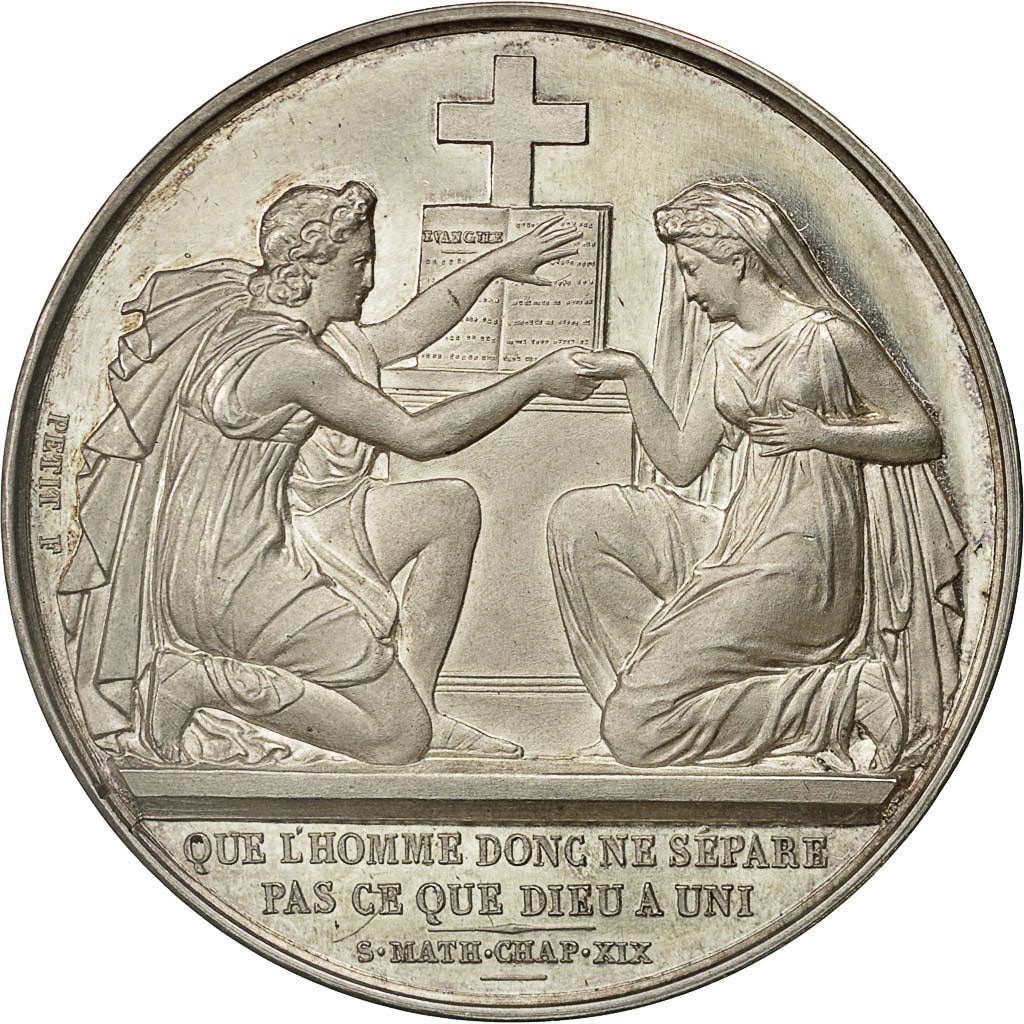 France, Medal, Médaille de mariage, 1858, Petit, MS(60-62), Silver