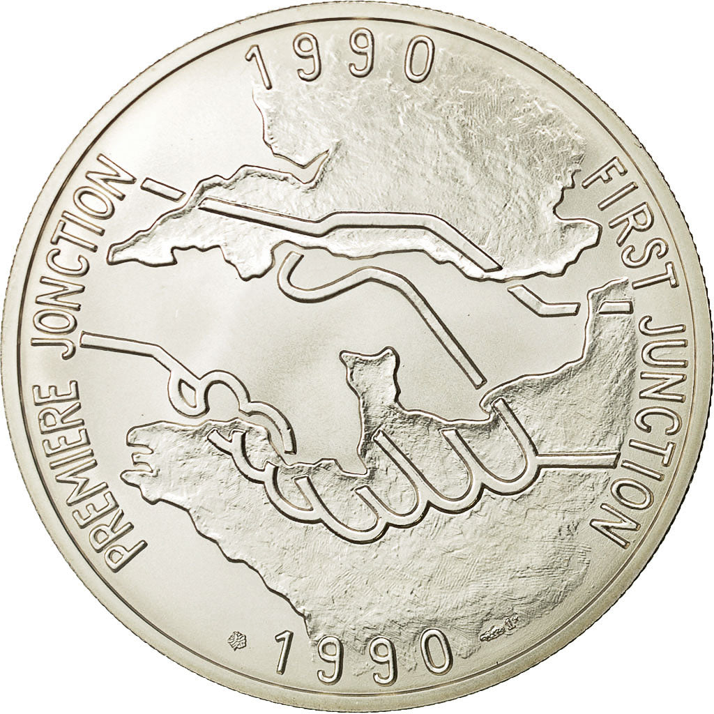 France, Medal, Tunnel sous la Manche - First Junction, 1990, MS(63), Silver